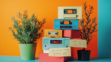 An arrangement of vintage cassette tapes stacked creatively on a colorful surface, accompanied by handwritten notes and a small potted plant