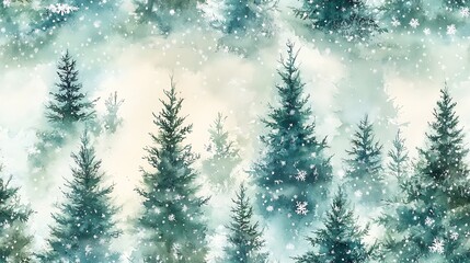 Fototapeta premium A watercolor scene of Christmas trees with soft pastel shades, blending greens and blues, frosty details, winter snowflakes gently falling, hd quality, light and airy look. --ar 16:9 --tile