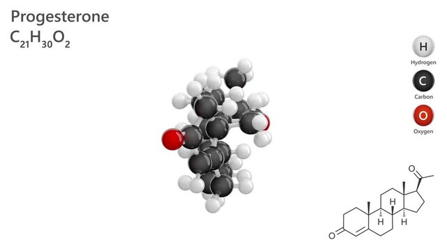 Progesterone. Female sex hormone. Animated 3D model of a molecule. Molecular formula: C21H30O2. Chemical model: Ball and stick. White background. 3D rendering. Seamless loop.