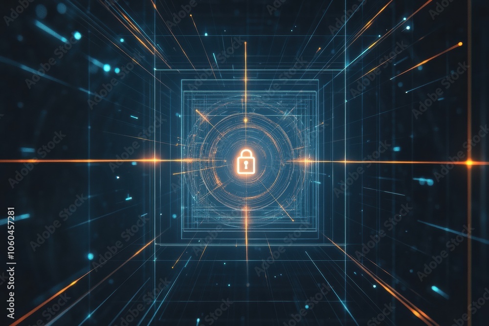 Poster a digital interface features a prominent lock icon, illustrating security measures in a modern compu