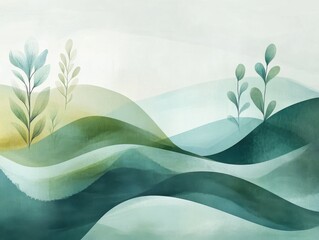 Stylized green hills with delicate plants, abstract watercolor design.