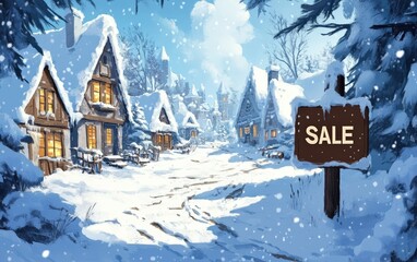 SALE in Winter Village "SALE" text above a snowy winter village illustration 