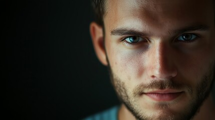 Fototapeta premium An Intense Portrait of a Young Man Featuring His Strikingly Beautiful, Captivating Blue Eyes