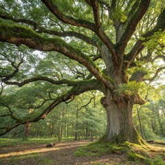 Fototapeta premium Majestic ancient oak tree standing tall in a serene forest during the morning light. Generative AI
