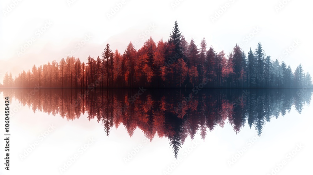 Poster a serene landscape featuring a misty forest with autumn colors reflected in calm water, creating a t
