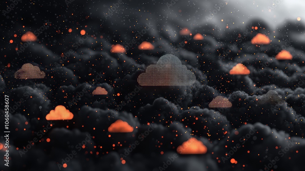 Poster a surreal landscape of clouds illuminated by glowing shapes, creating a digital and futuristic atmos
