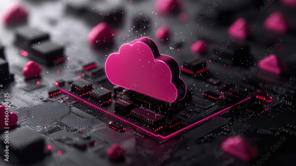 Poster a vibrant graphic of a pink cloud icon on a dark circuit board, symbolizing cloud computing and tech