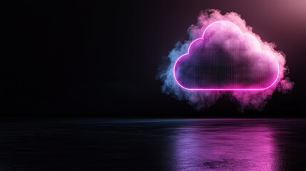 A glowing cloud icon surrounded by colorful vapor sits over a dark surface, symbolizing digital storage and technology.
