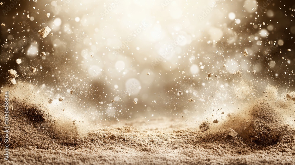 Poster a soft, glowing scene of swirling dust and particles, illuminated by light, creating an ethereal amb
