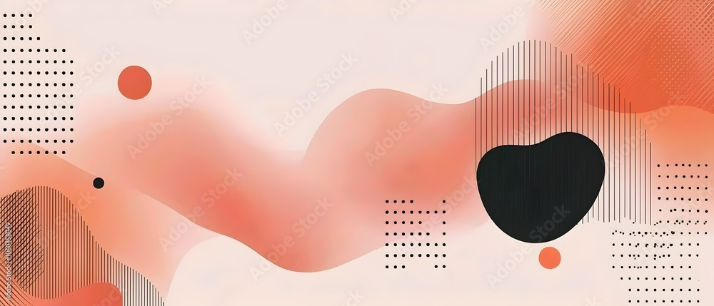 Poster abstract design featuring soft peach and coral tones with bold black shapes and dotted patterns, cre