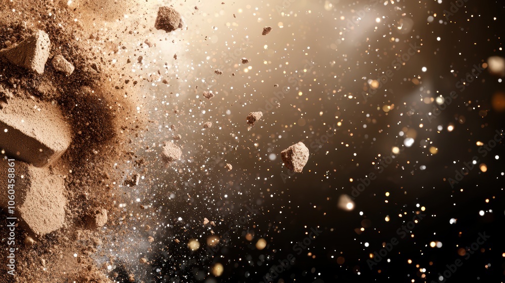 Poster an abstract image depicting particles of dust and rocks explosively scattering against a blurred, da
