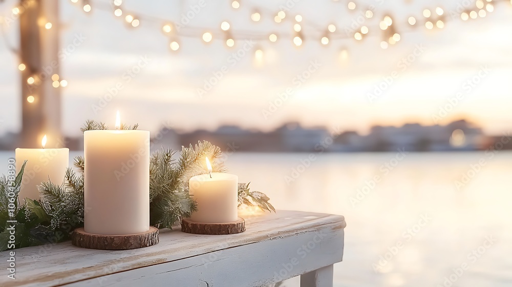 Poster candles on a wooden table by the lake blank background with copy space for design projects