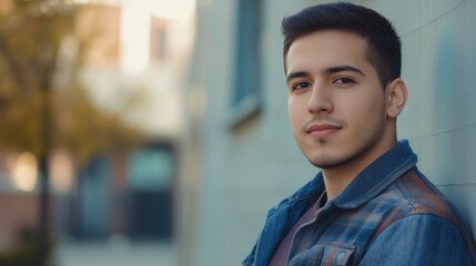 Obraz premium A Young Man Dressed in Casual Attire Poses Confidently Against a Colorful Urban Backdrop