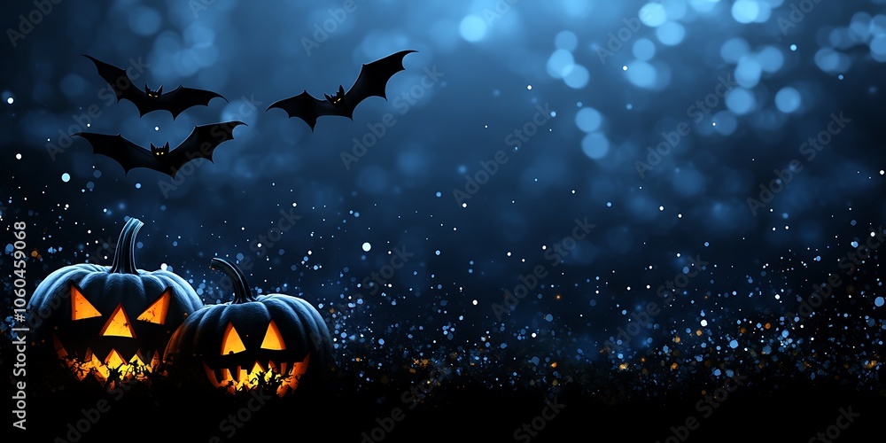 Poster halloween pumpkins with bats subtle blur background with space for custom text