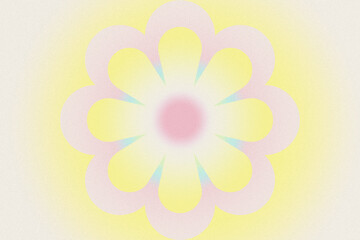 Psychedelic geometric daisy flower. Nostalgia, vintage, retro 70s, 80s style. Digital grainy, noise gradient texture. Wallpaper, template, print poster. Pink, purple, yellow, beige pastel colors