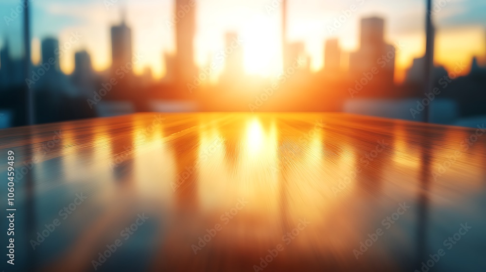 Aufkleber sunset cityscape reflection on table light gradient background with room for typography