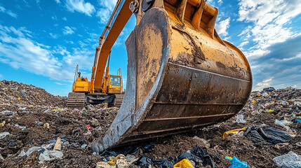 A close-up of an excavator&rsquo;s bucket as it scoops up debris at a landfill, highlighting the impact of industrial machinery on waste management.