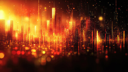 Fototapeta premium A dynamic cityscape comes alive at dusk, filled with vibrant lights reflecting off buildings, creating a warm, glowing atmosphere