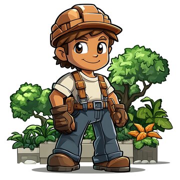 recommend clip art: Cartoon Construction Worker Standing In Front Of Plants.