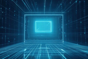 The computer screen prominently features a glowing protection icon within an advanced digital setting, emphasizing online security. Generative AI