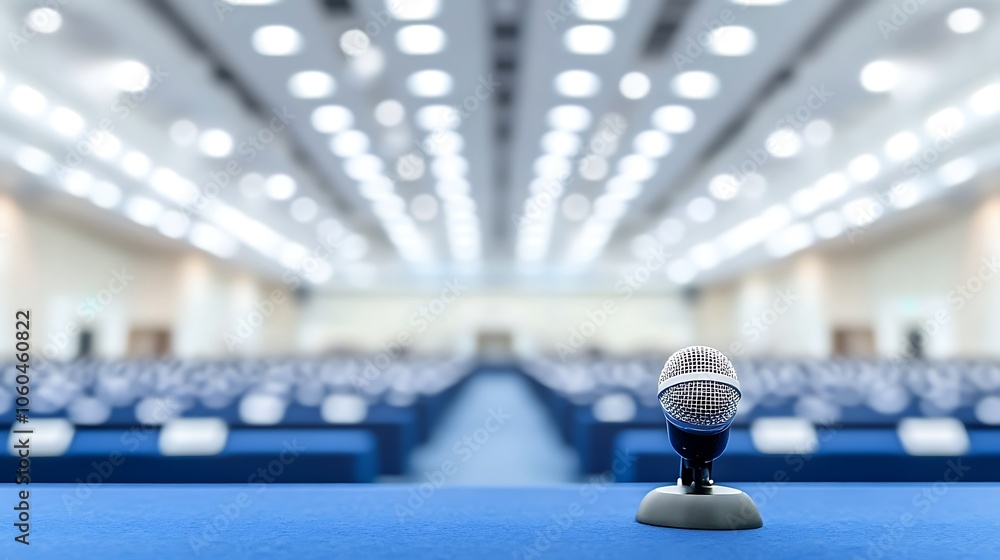 Poster microphone on a podium in a conference room abstract gradient background with copy space