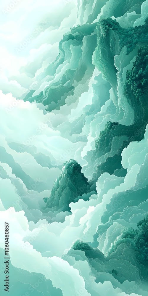 Poster an abstract representation of swirling green and turquoise clouds, creating a tranquil and dreamy at