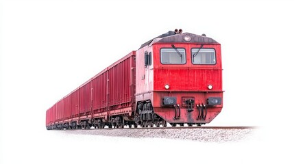 Obraz premium A bright red freight train on tracks, showcasing its powerful front and an extended series of cargo cars, emphasizing industrial transport.