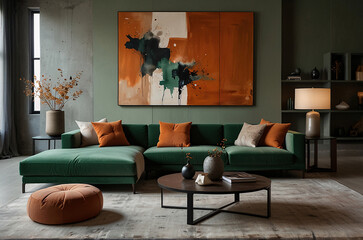 Minimalist, loft interior design of modern elegant living room with neutral green sectional sofa, burnt orange accents, abstract artwork, and cozy textiles
