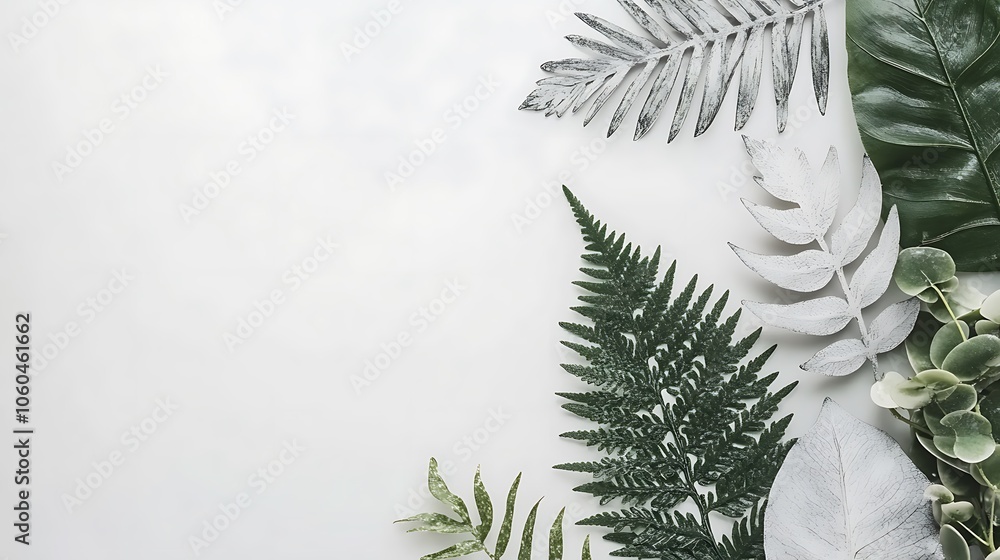Poster white and green leaf border plain textured background for web design and copy