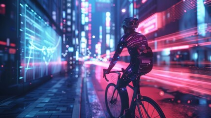 Cyclist wearing a futuristic suit is riding a bicycle down a neon lit street in a cyberpunk city at night, showcasing advanced technology and urban transportation