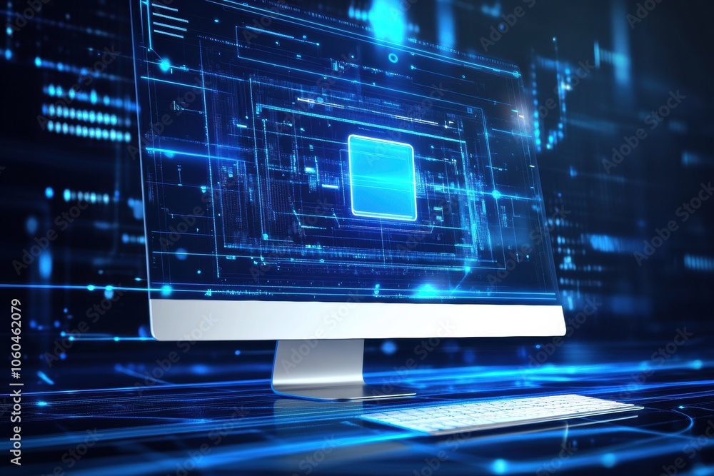 Poster A bright computer screen shows a protection icon surrounded by a digital network, emphasizing cybersecurity in a modern workspace. Generative AI