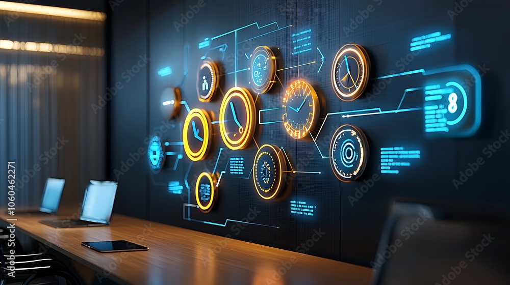 Poster high-tech digital workspace featuring glowing clocks and data displays. ideal for tech-focused proje