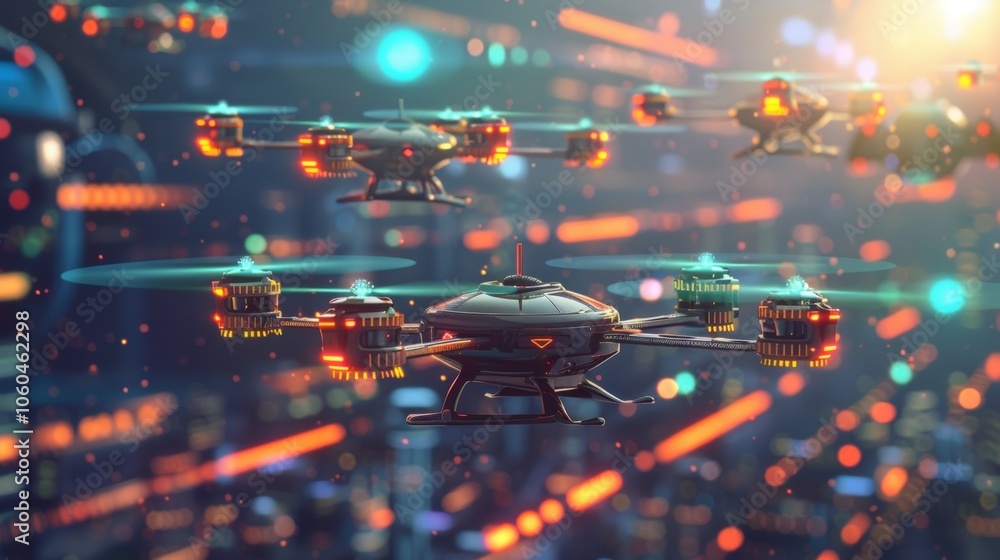 Poster a fleet of delivery drones controlled by 5g transporting finished products to different distribution