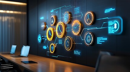 High-tech digital workspace featuring glowing clocks and data displays. Ideal for tech-focused projects emphasizing innovation and modern design aesthetics.