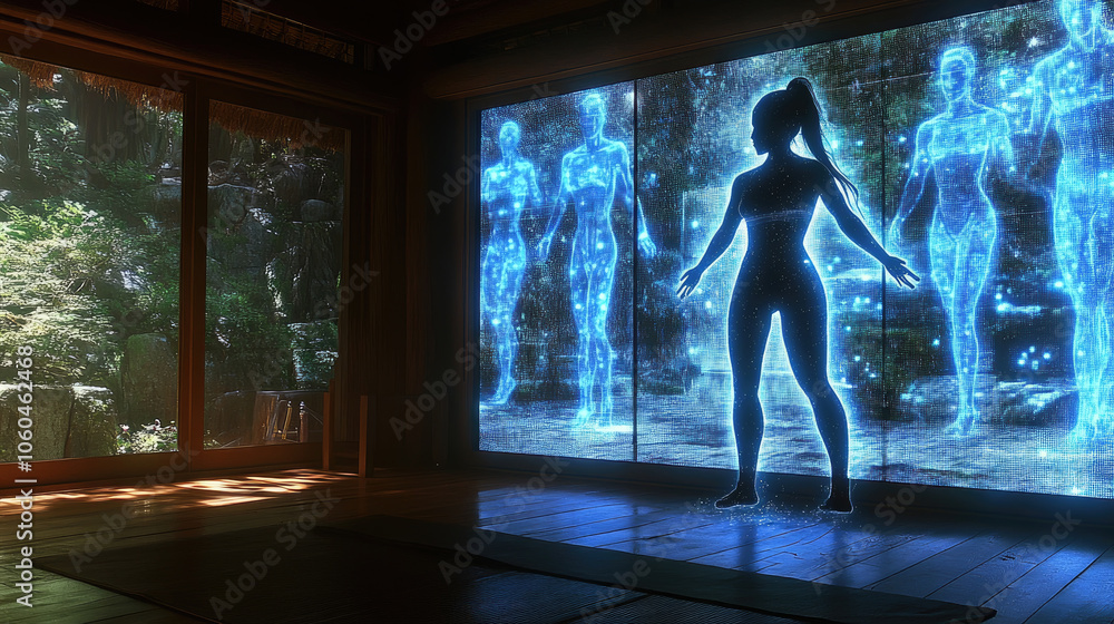 Poster a person stands in front of a holographic display, engaging with digital figures while sunlight filt
