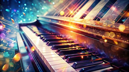 Close-Up Double Exposure of Piano Keyboard with Musical Notes in a Toned 3D Rendering for Artistic Interpretations and Music Themes