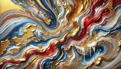 Obraz premium An abstract painting with swirling, liquid-like textures in rich gold, red, blue, and white