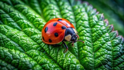 Fototapeta premium Close-Up Drone Photography of a Ladybug Pondering on a Leaf – Macro Detail of Insect Beauty and Nature's Wonders