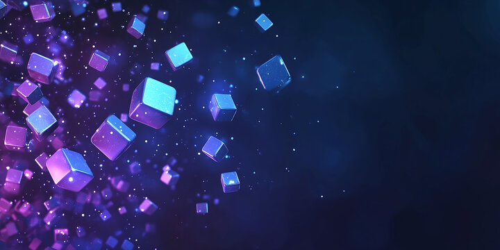 Fototapeta Abstract digital background featuring floating blue and purple cubes in a dark space, creating a futuristic and immersive visual effect.