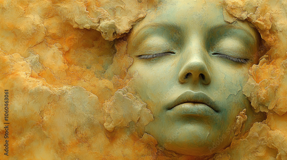 Poster a calm green face is partially obscured by flowing orange textures, creating a whimsical and surreal
