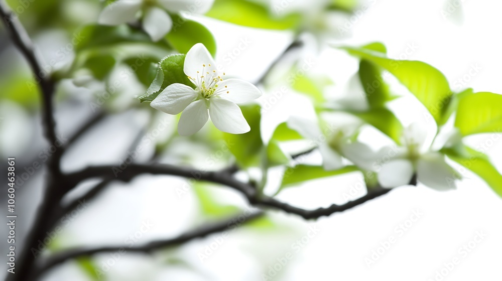 Poster white flowers blooming on branch plain textured background for web design and copy