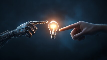 Human and robot hands reaching towards glowing light bulb, symbolizing collaboration, innovation, and the merging of technology and humanity.