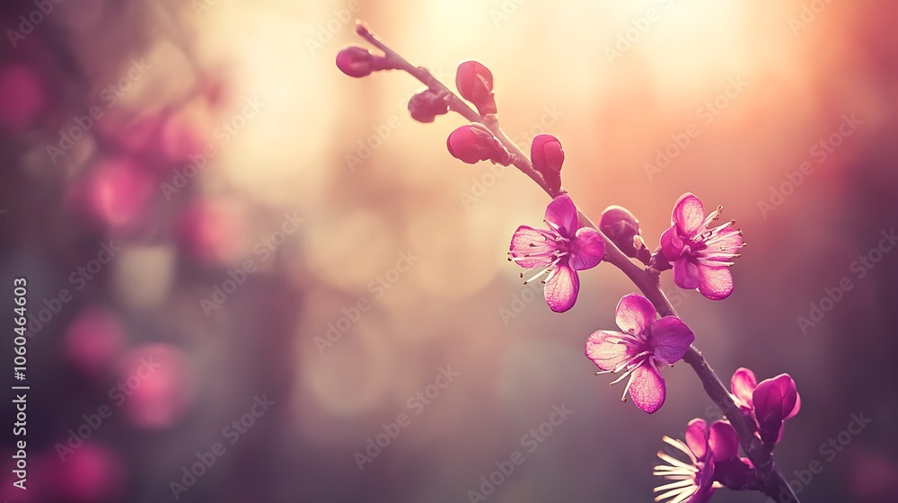 Poster pink blossoms in sunlight subtle blur background with space for custom text
