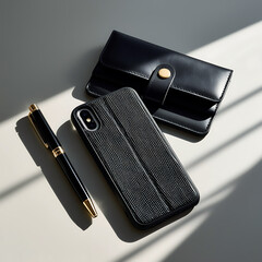 Elegant Black Leather Phone Cases with Golden Accents in a Minimalist Setting