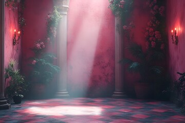 Mysterious Pink Room with Columns and Floral Decorations at Daytime