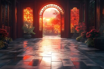 Fototapeta premium Sunset Glow Through Archway Illuminating Autumn Garden Courtyard Scene
