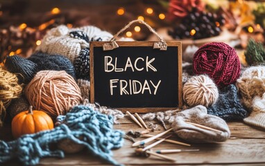 "BLACK FRIDAY" in a cozy, handwritten script on a wooden table with a knitting kit, woolen yarn, and knitting needles scattered around. 