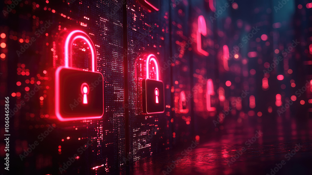 Aufkleber neon locks illuminate a high-tech environment, representing cybersecurity and data protection in a v