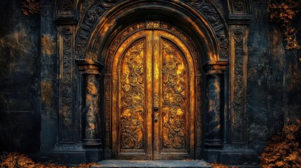 Fototapeta premium Majestic Golden Carved Doors of an Ornate Cathedral Entrance