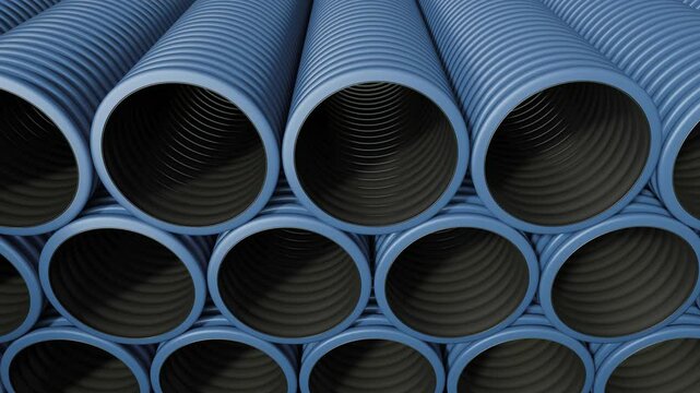 Stack of blue pipes in front of the construction of urban sewerage. Double-layer corrugated pipes made of low-pressure polyethylene for external sewerage. Close up. 3D rendering. Seamless loop.
